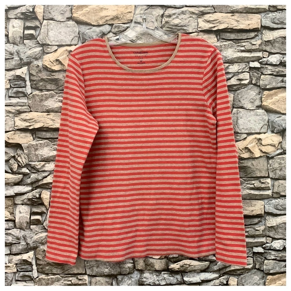 #37 Croft & Barrow Classic Tee Tan Beige Coral Striped Blouse Shirt Top Tunic